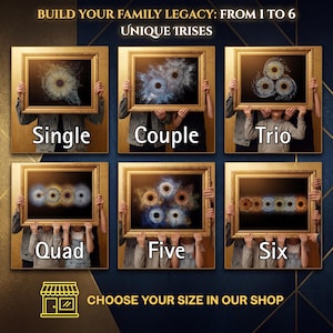 May include: A digital display showing six framed art prints of human irises, labeled Single, Couple, Trio, Quad, Five, and Six. The text reads: BUILD YOUR FAMILY LEGACY: FROM 1 TO 6 UNIQUE IRISES and CHOOSE YOUR SIZE IN OUR SHOP with a store icon.