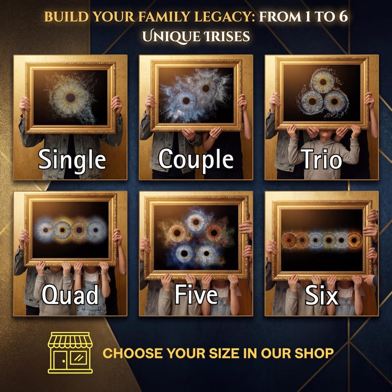 May include: A digital display showing six framed art prints of human irises, labeled Single, Couple, Trio, Quad, Five, and Six. The text reads: BUILD YOUR FAMILY LEGACY: FROM 1 TO 6 UNIQUE IRISES and CHOOSE YOUR SIZE IN OUR SHOP with a store icon.