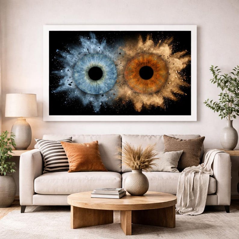 Large framed personalized couple iris wall art displayed above a beige living room sofa, custom double eye portrait made from real photos, blue and brown irises transformed into dramatic galaxy dust explosion on deep black background, modern minimalist home decor statement piece, romantic anniversary gift for couples, unique wedding keepsake, meaningful Valentine’s Day love artwork. Individuelles Iris-Wandbild für modernes Wohnzimmer. Retrato personalizado del iris como decoración elegante para