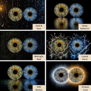 May include: A collection of six circular iris images featuring gold and blue color variations. The panels include text labels: Gold & Rain, Deep Reflection, Midnight Mist, Liquid Bond, Still Waters, and Eclipse Love, showcasing various water and light effects.