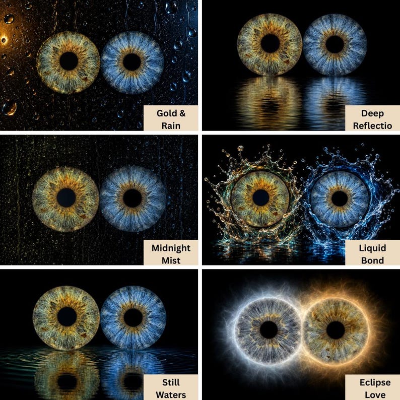 May include: A collection of six circular iris images featuring gold and blue color variations. The panels include text labels: Gold & Rain, Deep Reflection, Midnight Mist, Liquid Bond, Still Waters, and Eclipse Love, showcasing various water and light effects.