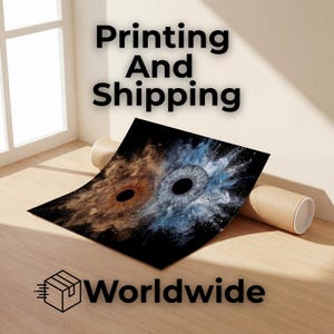 May include: A print featuring two stylized eye illustrations, one brown and one blue, against a black background. The print is displayed on a wooden surface with the words "Printing And Shipping" and "Worldwide" in the image.