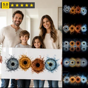 Puede incluir: Una impresión de arte mural rectangular que presenta cuatro iris humanos en tonos azul, ámbar y marrón, cada uno rodeado por un efecto dinámico de salpicadura líquida. La obra se muestra sobre un fondo blanco, destacando texturas.