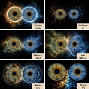 May include: A grid of six digital illustrations featuring pairs of human irises against cosmic backgrounds. The images are labeled Eclipse Souls, Starbound, Stardust Bond, Soul Nebula, Cosmic Vow, and River of Us, showcasing gold and blue nebula patterns.