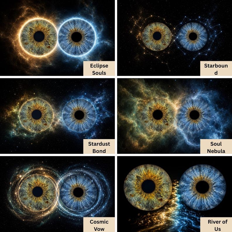 May include: A grid of six digital illustrations featuring pairs of human irises against cosmic backgrounds. The images are labeled Eclipse Souls, Starbound, Stardust Bond, Soul Nebula, Cosmic Vow, and River of Us, showcasing gold and blue nebula patterns.