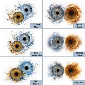 May include: A collection of six digital illustrations featuring pairs of human irises. Three pairs are surrounded by blue water splashes labeled Endless Flow, Pure Connection, and Wild Hearts. Three pairs feature cosmic nebula effects labeled Cosmic Souls, Eternal Orbit, and Soul Dust.