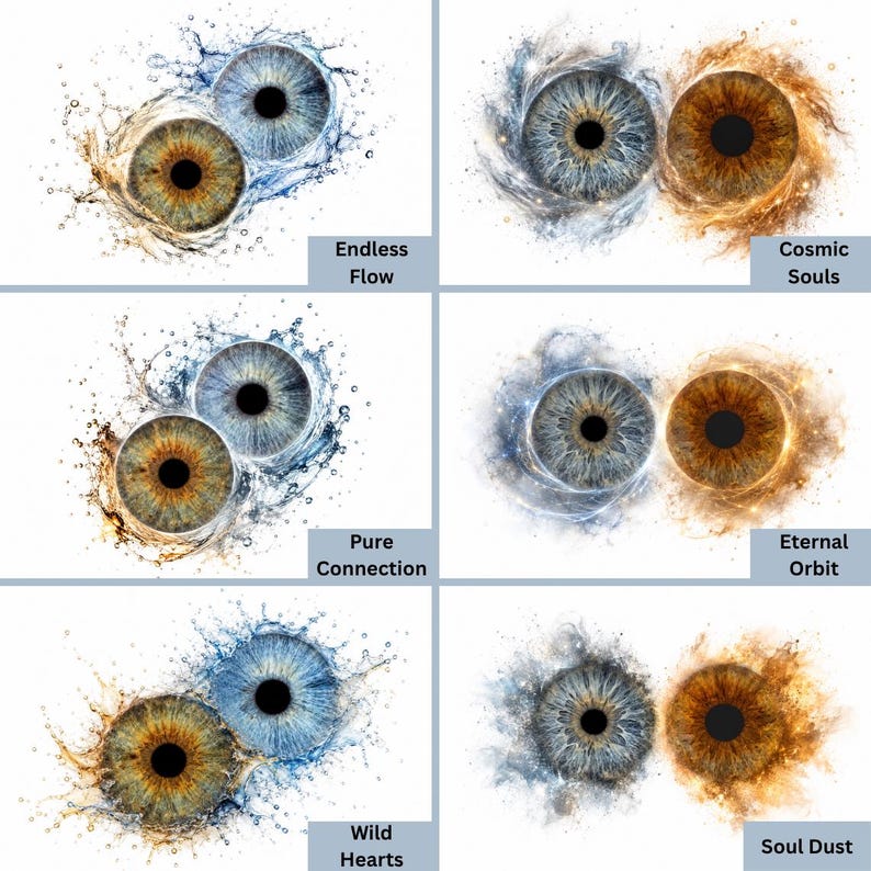 May include: A collection of six digital illustrations featuring pairs of human irises. Three pairs are surrounded by blue water splashes labeled Endless Flow, Pure Connection, and Wild Hearts. Three pairs feature cosmic nebula effects labeled Cosmic Souls, Eternal Orbit, and Soul Dust.
