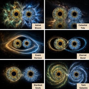 May include: A grid of six digital illustrations featuring pairs of human irises blended with cosmic imagery. Each pair is labeled with text: Astral Bloom, Celestial Tide, Event Horizon, Eternal Bond, Stardust Souls, and Twin Galaxies, showcasing gold and blue nebula patterns.