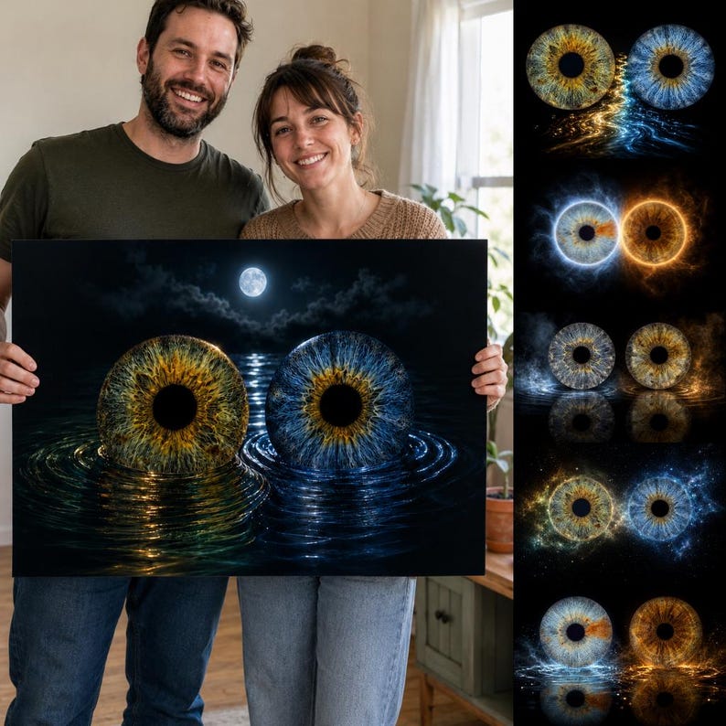 May include: A rectangular wall art print featuring two large, detailed human irises emerging from dark water under a full moon. One iris is golden-brown, and the other is vibrant blue, both creating concentric ripples on the water surface.