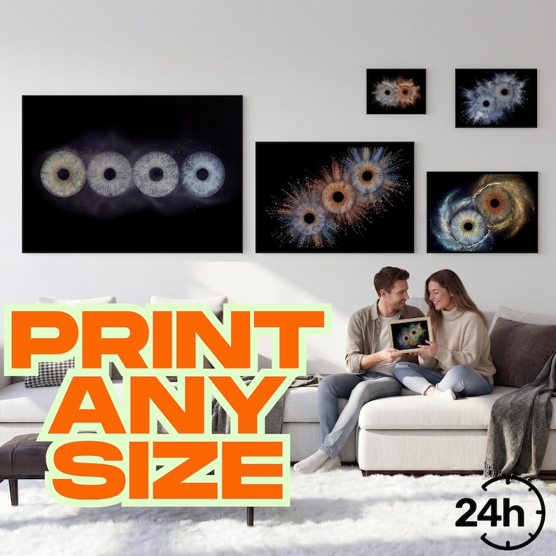 May include: A collection of five rectangular wall art prints featuring abstract, high-contrast iris and galaxy-inspired designs in shades of blue, gold, and black. The prints are displayed in various sizes on a white wall above a sofa.