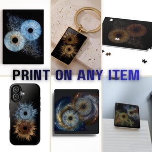 Personalized couple iris artwork print on any item including wall art poster, phone case, keychain, canvas, puzzle and card, custom double eye portrait made from real photos, blue and brown irises transformed into galaxy dust explosion and cosmic swirl on deep black background, unique anniversary gift for couples, wedding keepsake, romantic Valentine’s Day present, modern personalized decor. Individuelles Iris-Design für verschiedene Produkte als Geschenk. Retrato personalizado del iris para imp