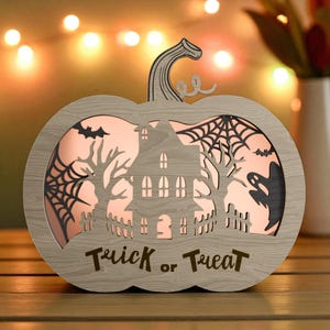 Trick or Treat Pumpkin Lantern SVG – Halloween Haunted House Light Box – Layered 3D Glow Light – Laser Cut Digital File