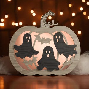 Halloween Ghost Pumpkin Lantern – 3D Layered Wood Light Box – Spooky Haunted House Decor – LED Pumpkin Lamp for Fall Tabletop or Shelf