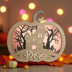 Halloween Pumpkin Lantern with Haunted House – 3D Layered Lighted Wooden Decor, Boo Pumpkin Light Box for Spooky Fall Display