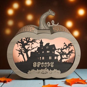 Spooky Pumpkin Lantern SVG | Halloween Haunted House Wood Light Box | Laser Cut File
