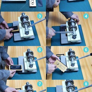 Puede incluir: Una serie de im&aacute;genes que muestran el proceso de uso de una m&aacute;quina troqueladora de cuero. La m&aacute;quina es plateada y blanca, con una palanca para aplicar presi&oacute;n. El proceso implica colocar cuero y una matriz en la m&aacute;quina.