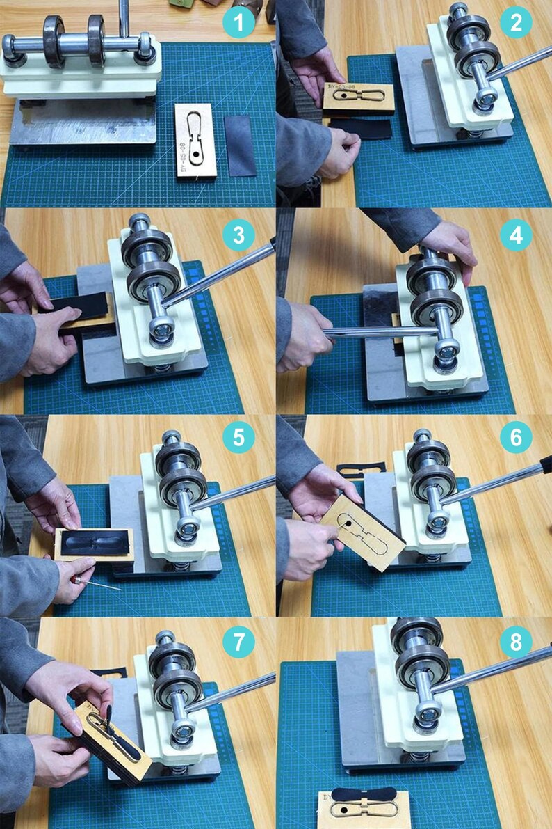 Puede incluir: Una serie de im&aacute;genes que muestran el proceso de uso de una m&aacute;quina troqueladora de cuero. La m&aacute;quina es plateada y blanca, con una palanca para aplicar presi&oacute;n. El proceso implica colocar cuero y una matriz en la m&aacute;quina.