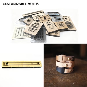 Puede incluir: Una colección de moldes de madera personalizables en varias formas, incluyendo un oso, un perro y diseños geométricos. La imagen también muestra tres pulseras de cuero en beige y negro, con tachuelas metálicas doradas. El texto "CUSTOMIZABLE MOLDS" está en la parte superior.