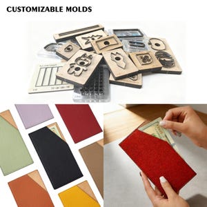 Puede incluir: La imagen muestra una colección de moldes personalizables, con varias formas y diseños. Debajo, se muestran varias carteras de cuero de diferentes colores, una de ellas abierta para revelar dinero en efectivo.