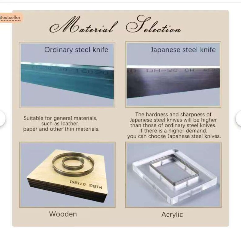 Puede incluir: Imagen que muestra la selecci&oacute;n de materiales para la elaboraci&oacute;n. Incluye ejemplos de cuchillos de acero ordinario y japon&eacute;s, junto con troqueles de corte de madera y acr&iacute;lico. El texto destaca la idoneidad de cada material.