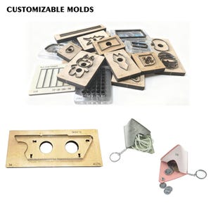 May include: Wooden customizable molds in various shapes, including a bear, a flower, and geometric designs. The image also shows two small leather pouches with keychains and coins.