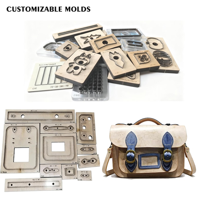 Puede incluir: Un conjunto de moldes de madera para artesan&iacute;a en cuero y un bolso bandolera de cuero beige con detalles azules. Los moldes tienen varias formas, incluyendo un oso, y se utilizan para cortar cuero. El texto "CUSTOMIZABLE MOLDS" est&aacute; en la parte superior.