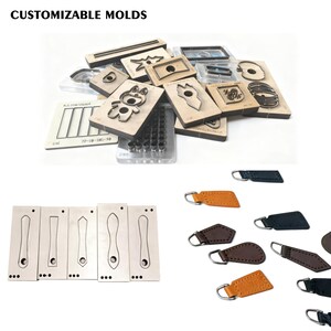 May include: A collection of customizable molds for various crafts. The image shows wooden and metal molds in different shapes, including a bear, a flower, and geometric designs. The text "CUSTOMIZABLE MOLDS" is at the top.