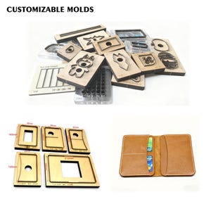 Puede incluir: Una colección de moldes personalizables para diversas formas, incluyendo un oso de peluche y formas geométricas. La imagen también muestra una cartera de cuero marrón con ranuras para tarjetas y moldes de madera con medidas de 14,5 cm x 9 cm y 21,2 cm x 14,5 cm. El texto dice "CUSTOMIZABLE MOLDS".