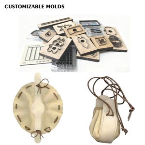May include: The image shows a selection of customizable molds in various shapes and sizes, with two beige leather pouches featuring drawstring closures. The text "CUSTOMIZABLE MOLDS" is visible at the top.