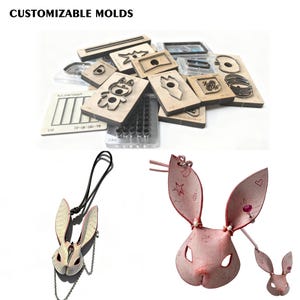 Op de afbeelding: Een verzameling aanpasbare mallen voor knutselen, met diverse vormen en maten. De afbeelding toont ook een konijnvormige hanger en een roze konijnenmasker. De tekst "CUSTOMIZABLE MOLDS" staat bovenaan.