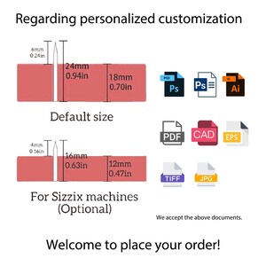 Puede incluir: Diagrama con dimensiones en mm y pulgadas para personalizaci&oacute;n. Incluye iconos de archivos PSD, AI, PDF, CAD, EPS, TIFF y JPG. Texto: "Default size", "For Sizzix machines (Optional)" y "Welcome to place your order!"