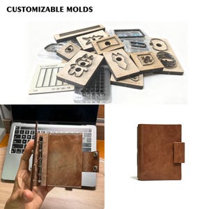 Può includere: Una collezione di stampi in legno personalizzabili in varie forme, tra cui un orso, un fiore e disegni geometrici. L'immagine mostra anche un diario in pelle marrone con chiusura a scatto e un diario aperto con rilegatura argentata.