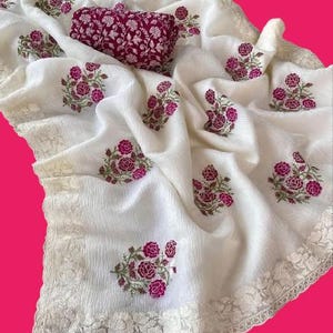 Beautiful Floral Embroidered Saree with Crushed Chiffon Georgette Indian Saree with Matching Blouse Saree