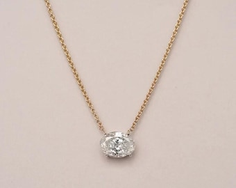 14K Gold Plated Oval Moissanite Pendant Necklace, Dainty Solitaire
