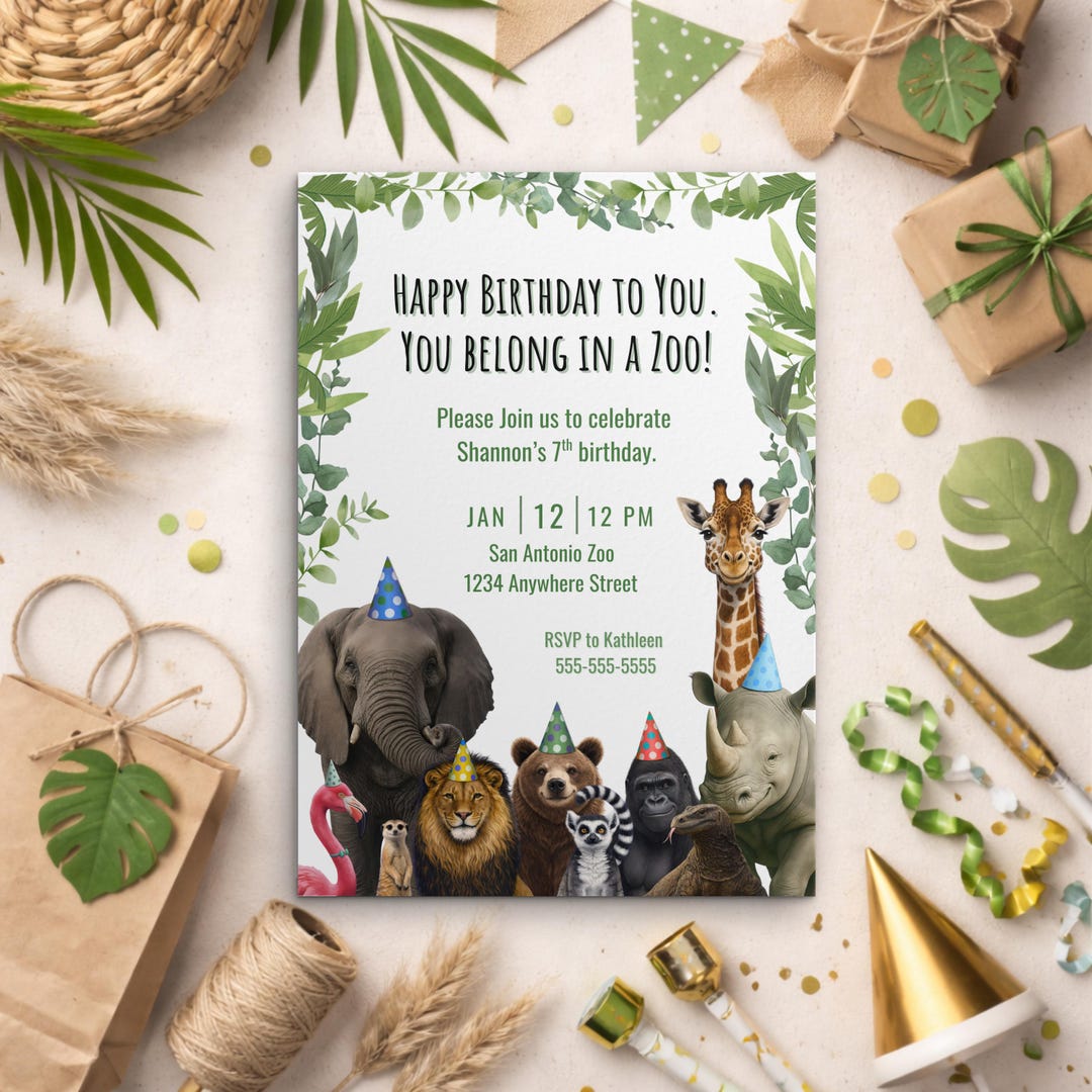 Editable Zoo Animal Birthday Invitation, Wild Party Invite (digital ...
