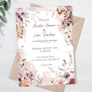 Blush Floral Wedding Invitation, Romantic Watercolor Template, Editable Canva Invite, Pink Burgundy Card, Garden Wedding, Printable, Digital