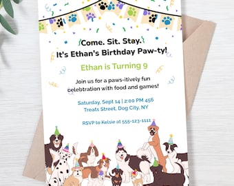 Editable Dog Birthday Party Invitation Template: Puppy Paw-ty, Editable Digital Download