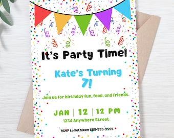 Editable Colorful Confetti Birthday Invitation, Kids Party Invite (Digital Download)