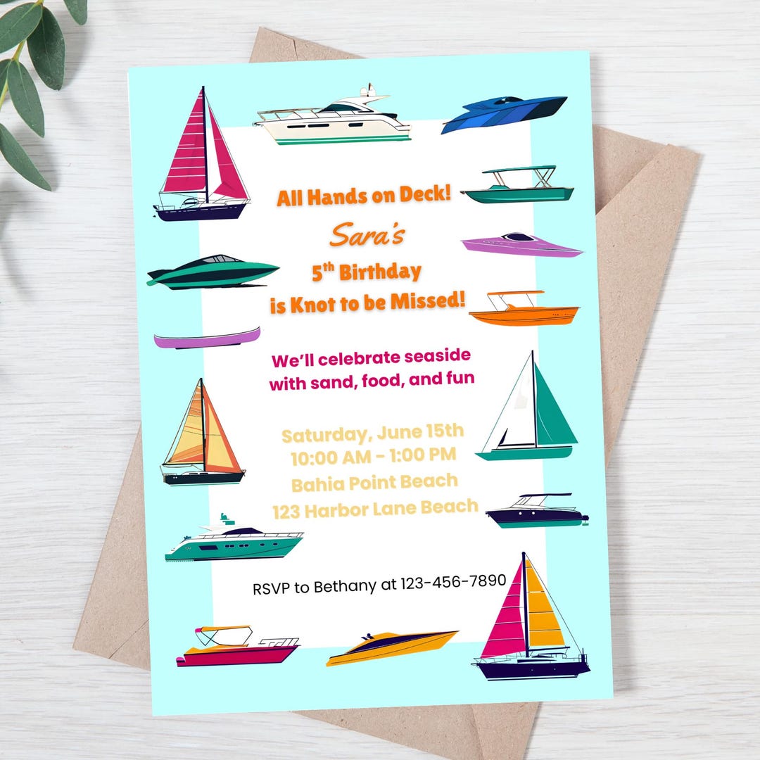 Editable Boat Birthday Invitation, Nautical Beach Party Invite, Yacht ...