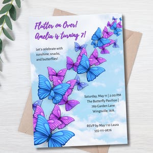 Invitation papillon numérique imprimable et modifiable pour anniversaire de filles, garden-party printanière, thème de la nature, fête d'anniversaire d'enfants, 5 x 7
