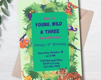 Bewerkbare jungle 3e verjaardagsuitnodiging: bewerkbare dierenfeestuitnodiging, Young Wild en Three (digitale sjabloon)