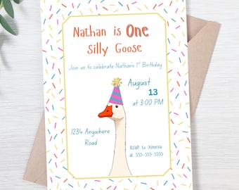 Editable One Silly Goose First Birthday Invitation: Editable Colorful Party (Digital Download)