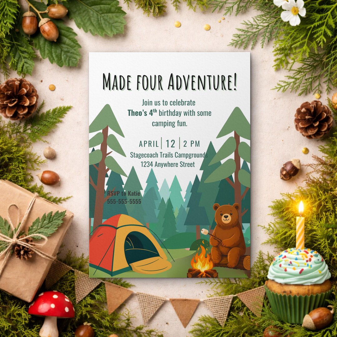 Editable Camping Birthday Invitation, Woodland Bear Camp Party Invite ...