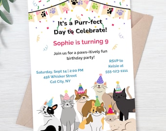 Editable Cat Birthday Invitation: Purrfect Kids Party Template (Digital Download, Editable Canva Template)