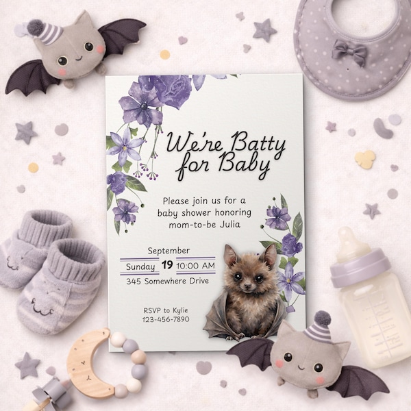 Invitación editable de murciélago para baby shower, género neutro, flores de acuarela (descarga digital)