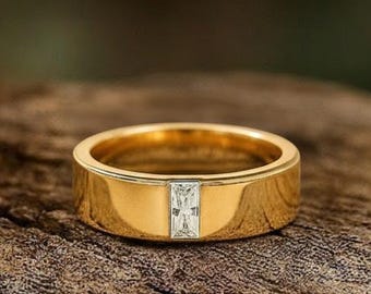 Anillo de boda con moissanita talla baguette, anillo de oro negro para hombre, liso martillado, apilable, anillo vintage a juego, regalo