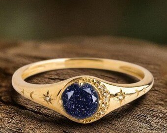 Anillo de bodas de verano con diamantes de arenisca azul, luna creciente, diamante, luna y estrella, regalo minimalista de verano, anillo de regalo para ella.