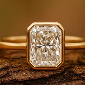 2CT Radiant Moissanite Solitaire Ring: 14K Yellow Gold Bezel Setting