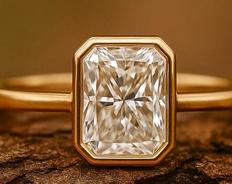 Anillo solitario de moissanita de corte radiante, anillo de compromiso minimalista con bisel en oro macizo de 14 quilates de 3 quilates, joya clásica moderna para bodas, regalo para ella.