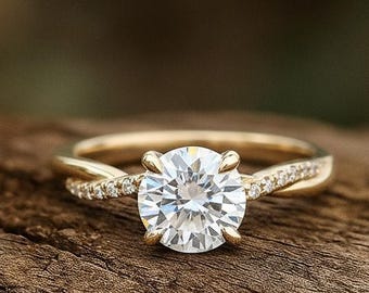 Anillo de compromiso Petite Twist Moissanite, anillo único y sostenible de moissanita para mujer, anillo de oro de 14k con corte redondo y diseño de vid trenzada, anillo de promesa